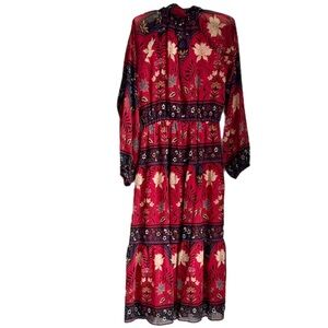 LOFT Red and Blue Floral Long Sleeve Midi Dress XS Holiday Party 🌶️🌶️